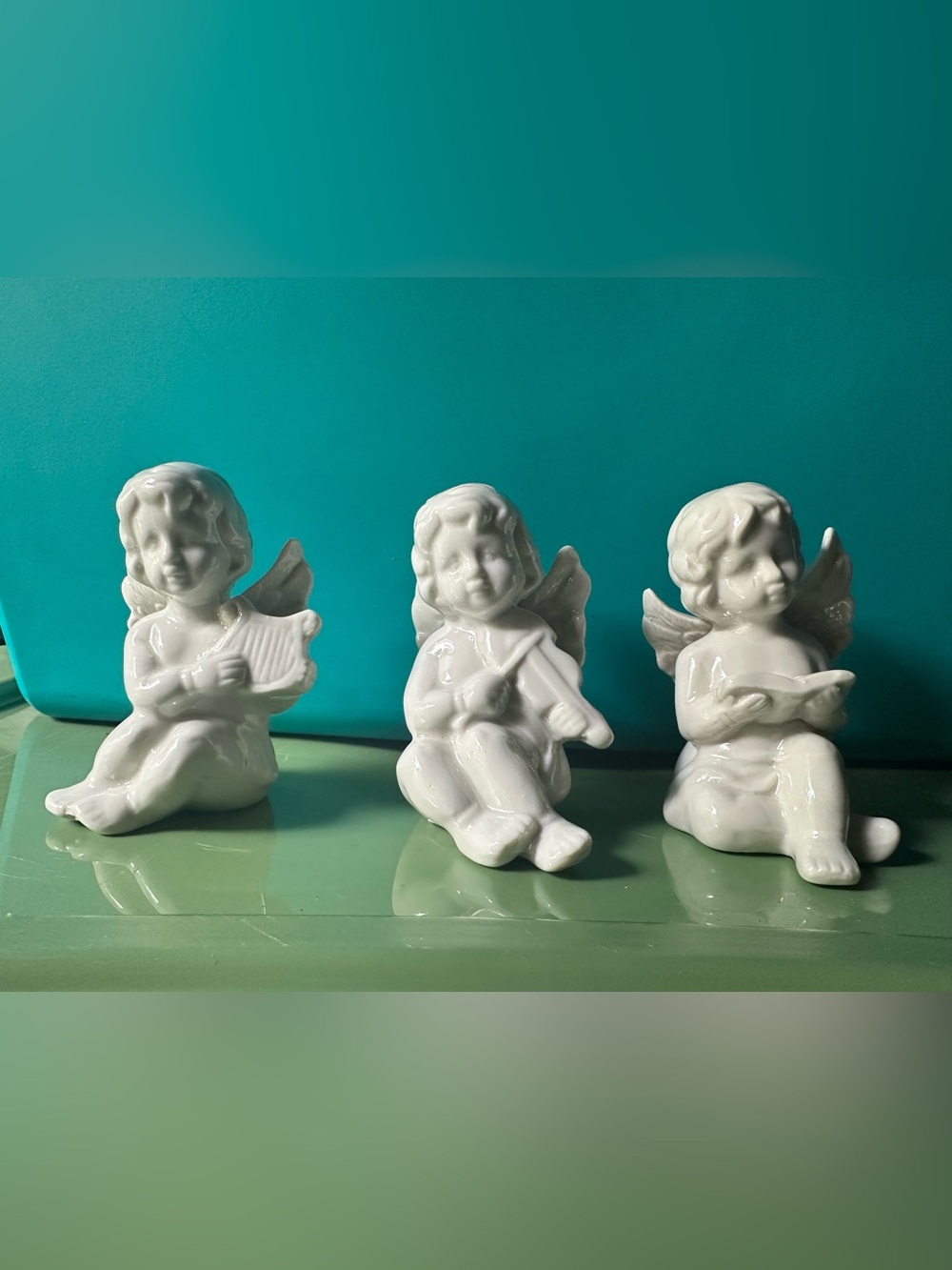 Set of 3 White Ceramic Cherub Figurine - Musical Angel